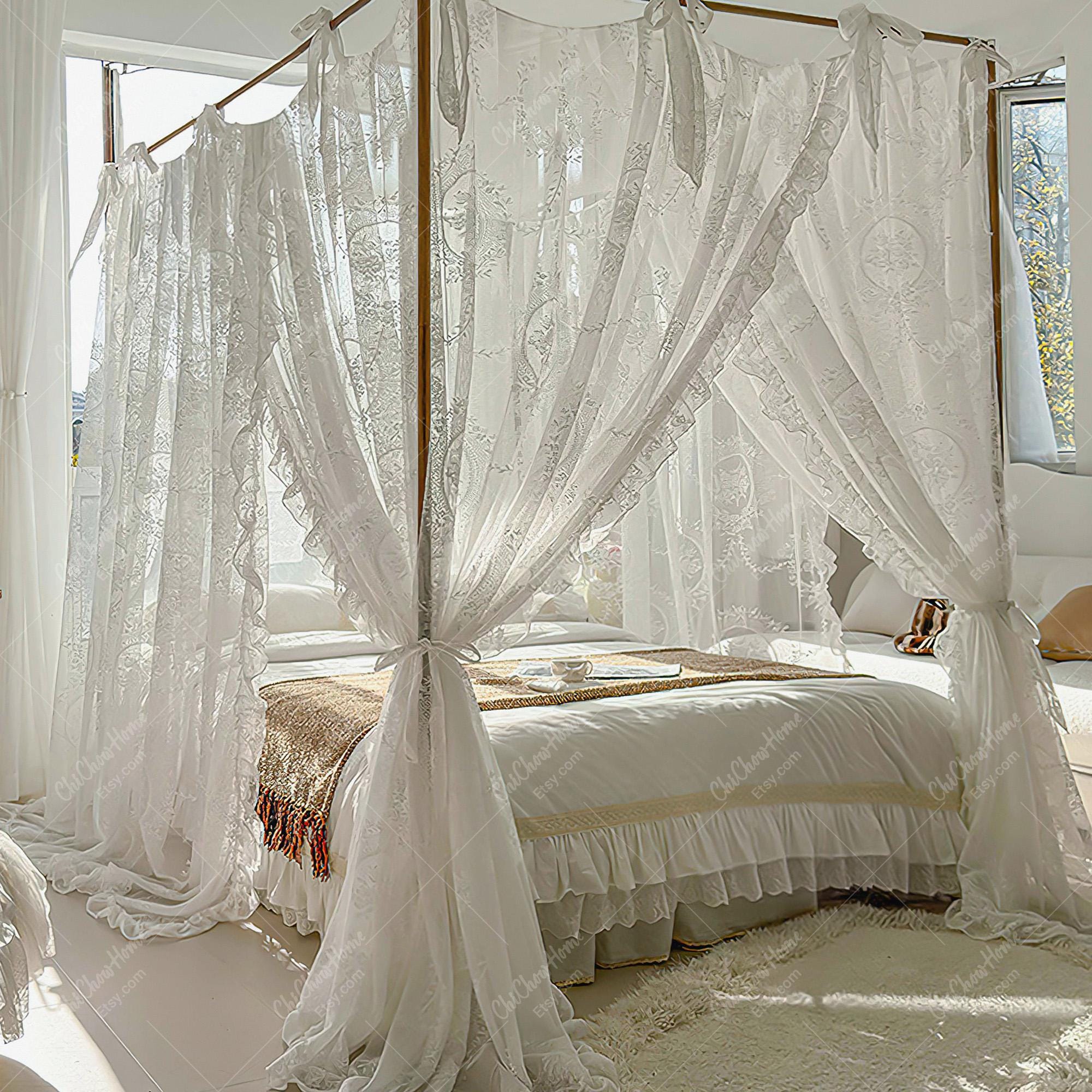 White Floral Lace Bed Canopy,vintage Lace Bed Canopy With Ruffles, 4 ...