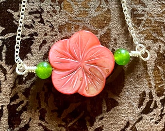 Peach flower mother of pearl Shell focal necklace
