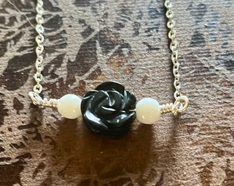 black Obsidian carved Rose with White beads necklace