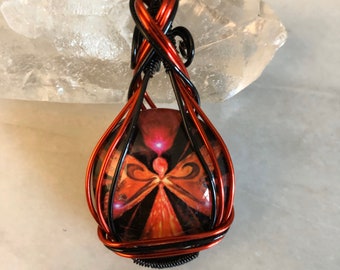 Fire goddess glass wire wrapped cabochon pendant