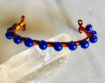 Wire Wrapped Blue Enameled Copper Bracelet