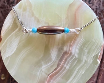 Brown and Blue iridescent glass bead wire wrapped focal necklace