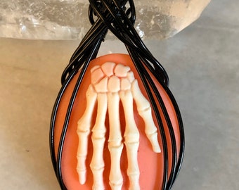 Pink Skeletal Hand Resin Cameo wire wrapped pendant - Lolita Goth