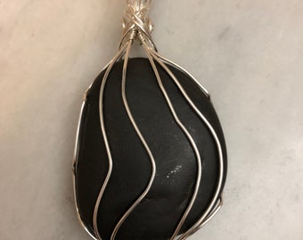 Large black river stone Wire Wrapped Pendant