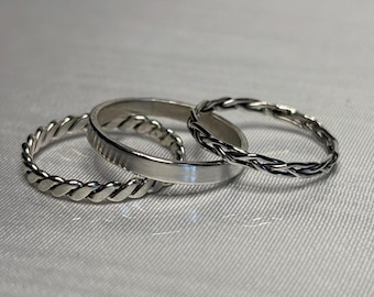 Sterling Silver 3-Piece Ring Set: Braided, Twisted Rope, Flat Band