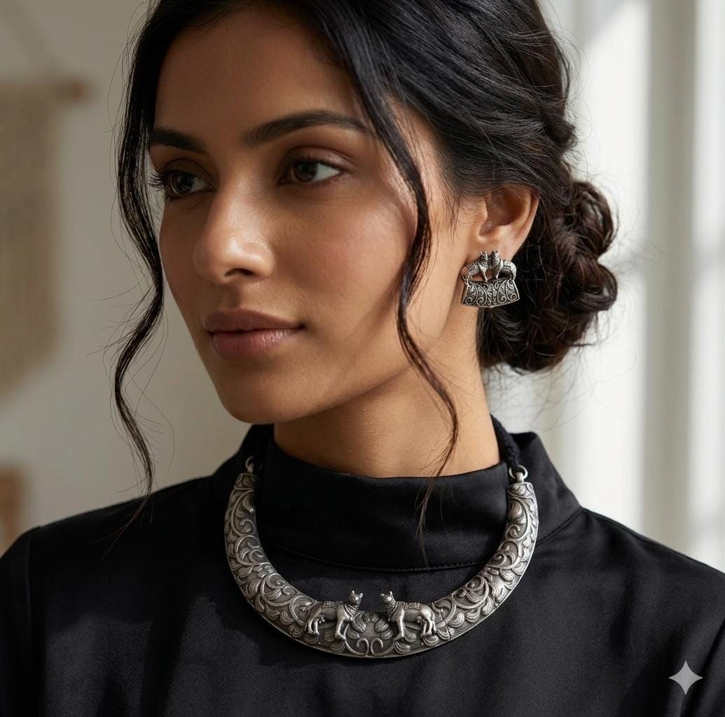 Handcrafted Oxidized Silver Cow Motif Hasli Choker Necklace and Earring Set