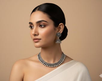 Oxidized Silver Choker Set | Handmade Indian Jhumka Earrings