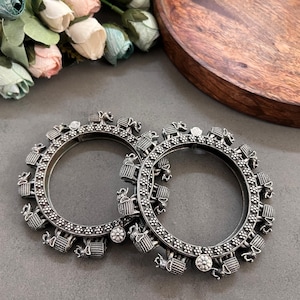 Oxidized German Silver Elephant Bangles: Handmade Tribal Jewelry
