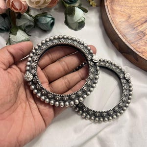 JewelryclosetMuskan Oxidised German Silver Bangles | Antique Openable Screwable Kada | Handmade Ethnic Jewelry