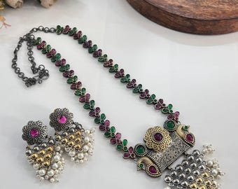Jewellery Closet Dual Tone Oxidized German Silver Necklace with Gemstone Pendant – Ethnic Bohemian Jewelry
