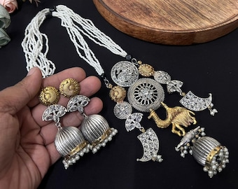 Kundan Meenakari Peacock Necklace Set: Dualtone Jhumka Bridal Jewelry