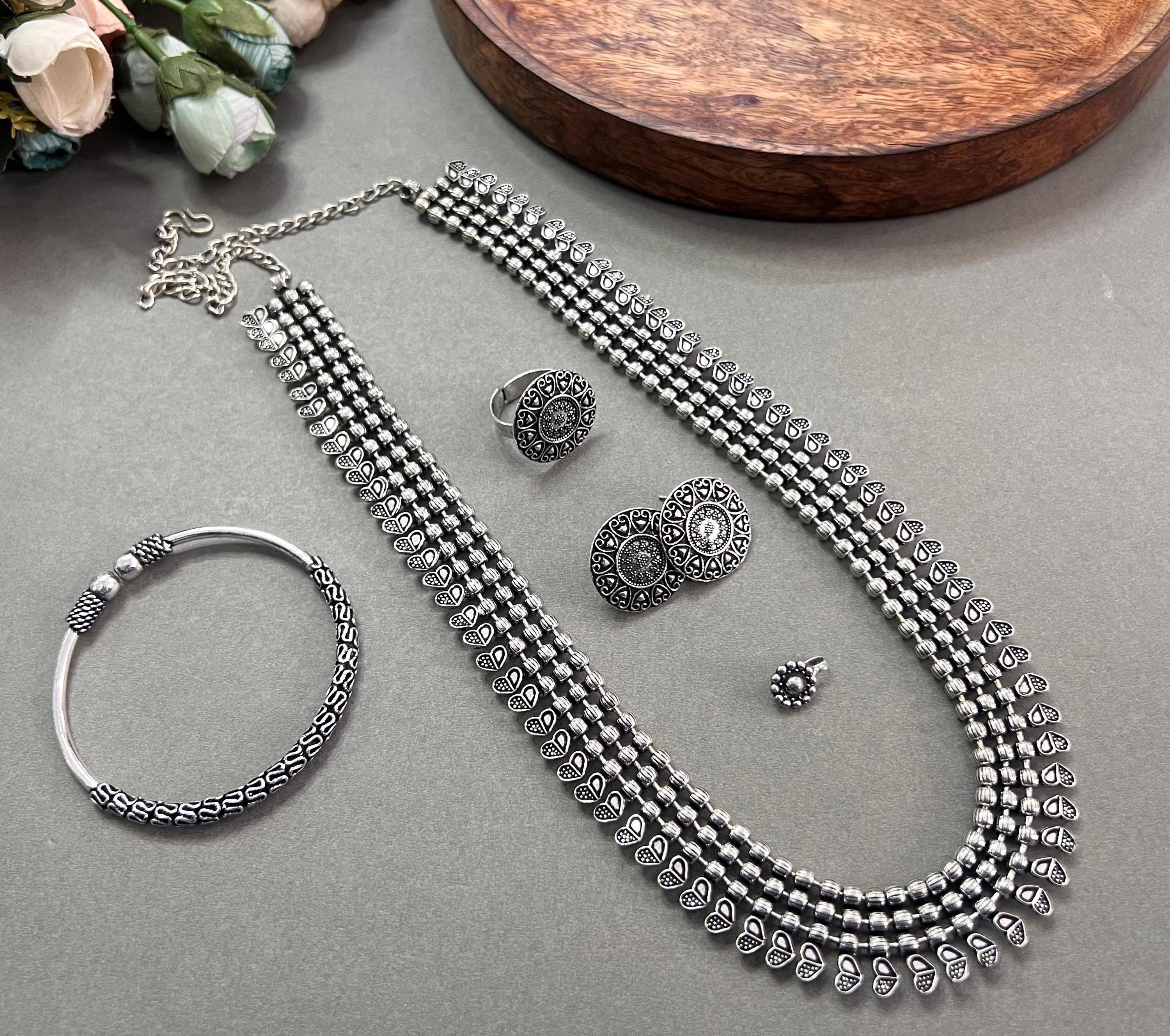 Oxidized German Silver Jewelry Set: Necklace, Ring, Bracelet