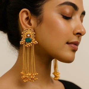 Vergoldete lange Kettenohrringe - Multi color Stone & Ghungroo Brautschmuck