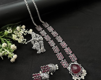 Ethnic Stone Necklace and Jhumka Earrings Set: Traditional Indian Jewelry