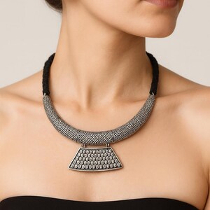 Handmade Tribal Necklace & Earrings Set | Oxidized Silver-Tone Choker