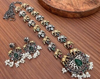 Handcrafted Elephant Necklace & Earrings Set • Oxidized Silver, Green Stone