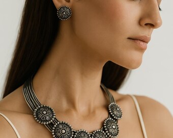 Oxidized Silver Choker Necklace & Earrings Set | Tribal Boho Jewelry