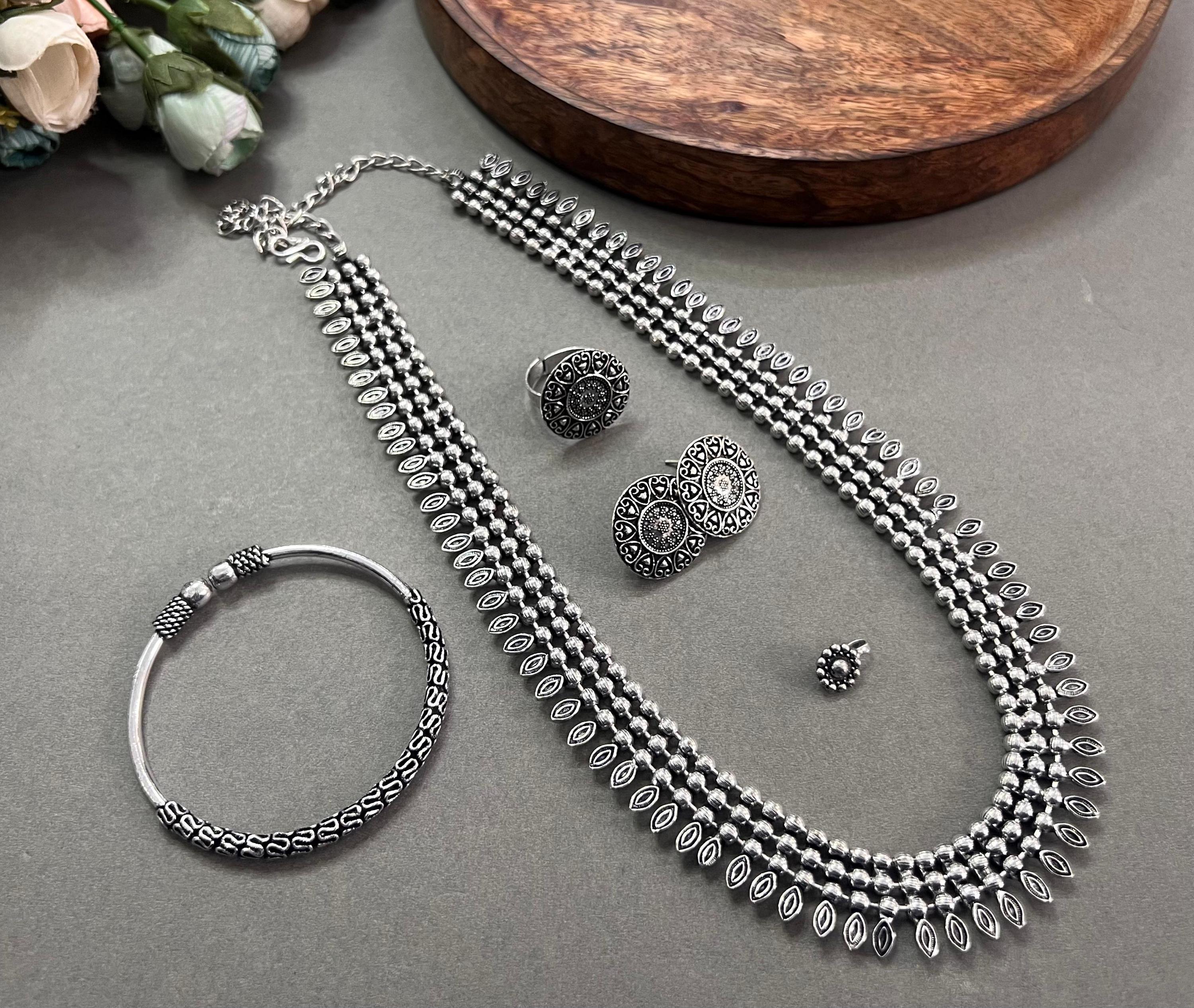 Oxidized German Silver Jewelry Set: Necklace, Ring, Bracelet