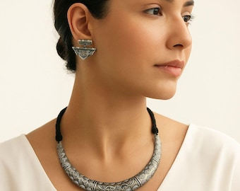 Handmade Oxidized Silver Tribal Necklace and Earrings: Bohemian Jewelry Set