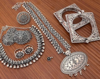 Oxidized Silver Jewelry Set, Tribal Boho Indian Necklace, Earrings, Bangles