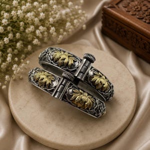 Vintage Lotus Flower Bracelet Set | Oxidized Silver & Gold Tone Kada Bangles | Handmade Floral Cuff Pair | Boho Ethnic Statement Jewelry