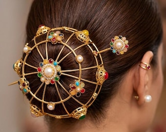 Navratna Inspired Gold-Plated Filigree Bun Cover with Matching Hair Pin