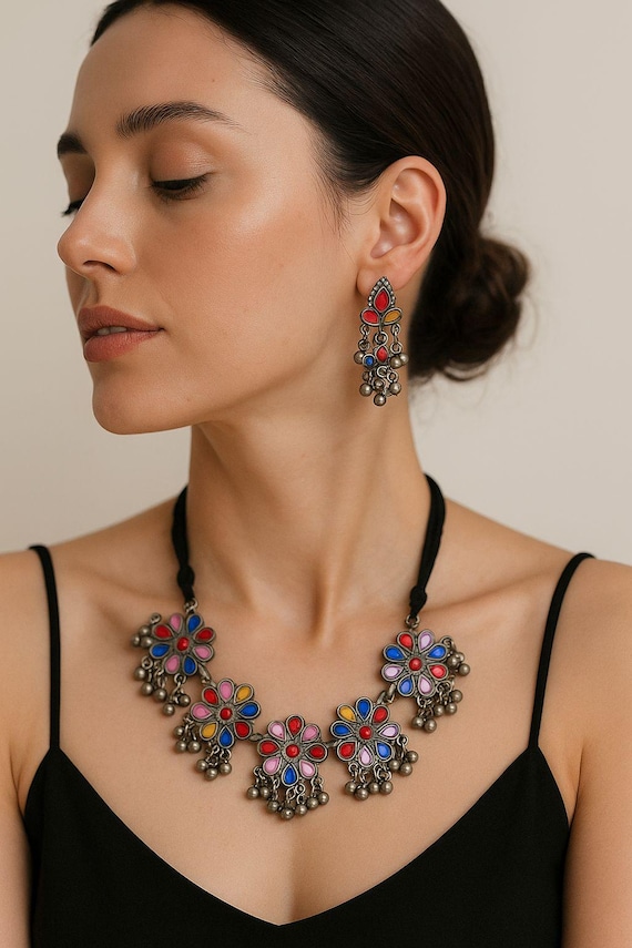 Boho Floral Enamel Choker Set: Oxidized German Silver Necklace Earrings
