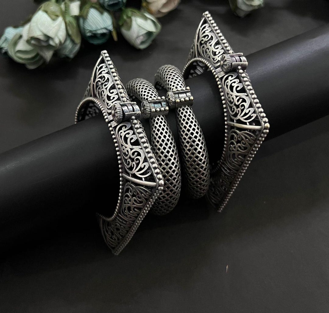 Oxidized German Silver Kada Bangles - Indian Ethnic Jewelry, Set