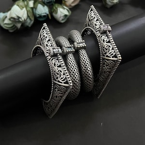 Oxidized German Silver Kada Bangles - Indian Ethnic Jewelry, Set of 4