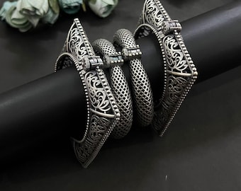 Oxidized German Silver Kada Bangles - Indian Ethnic Jewelry, Set of 4