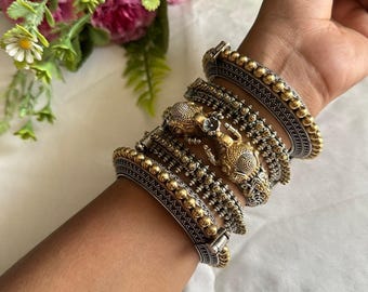Elephant Kada Bangles | Oxidized Silver & Gold, Indian Tribal Jewelry
