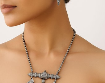 Oxidized Silver Tribal Necklace Set: Handmade Boho Indian Jewelry