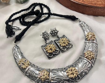 Oxidized Silver Necklace Earring Set: Ethnic Bohemian Jewelry