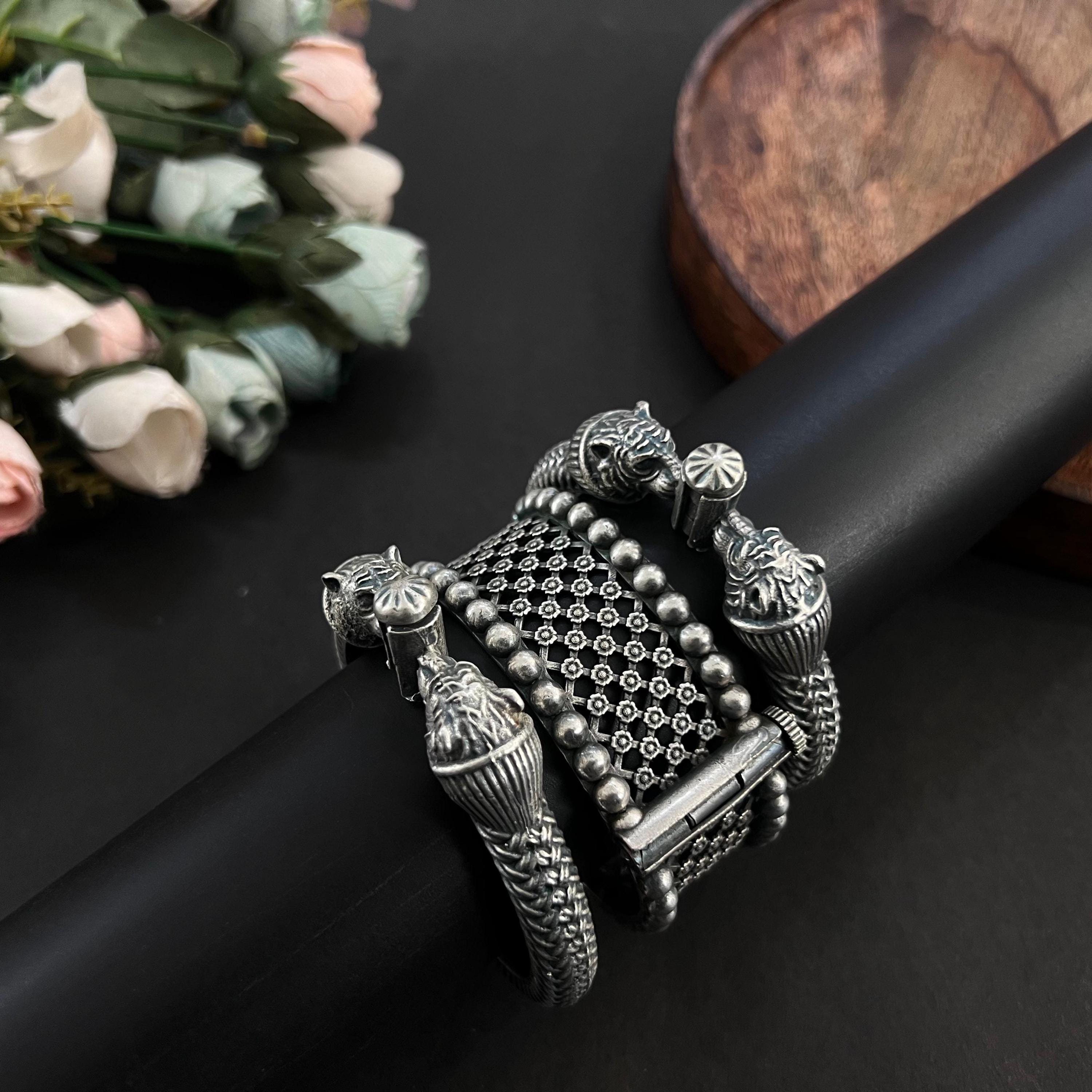 Vintage Style Handmade German Silver Kada With Lion Design