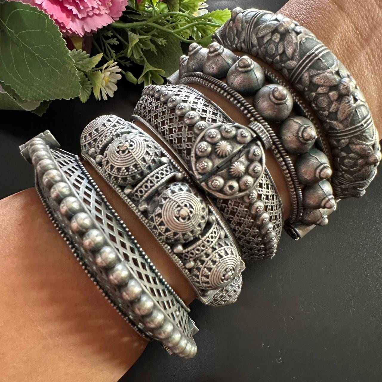 Handcrafted Oxidized Silver Bangles Set | Vintage Indian Cuff