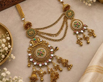 Antik guldfärgad Kundan halsbandsset, traditionella indiska tempelsmycken, brudtärna