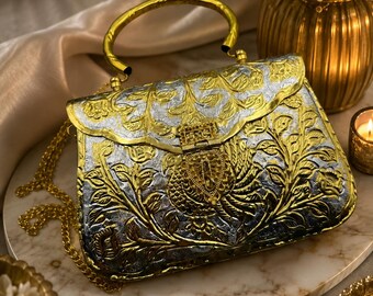 Embossed Peacock Metal Clutch Purse: Gold Silver Evening Bag, Indian Wedding Accessory