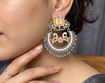 Enamel Peacock Lotus Earrings | Oxidized Silver Indian Dangler
