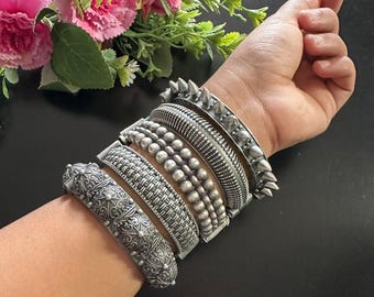ドイツ製シルバーバングル カダセット：酸化加工されたインドの