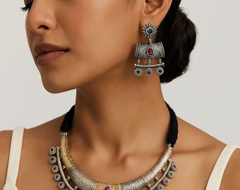 Dual Tone Hasli Necklace Set: Oxidized Silver Jewelry with Green & Pink Stones