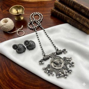 Handcrafted Oxidized Silver Devi Goddess Motif Necklace with Ornate Jhumkas