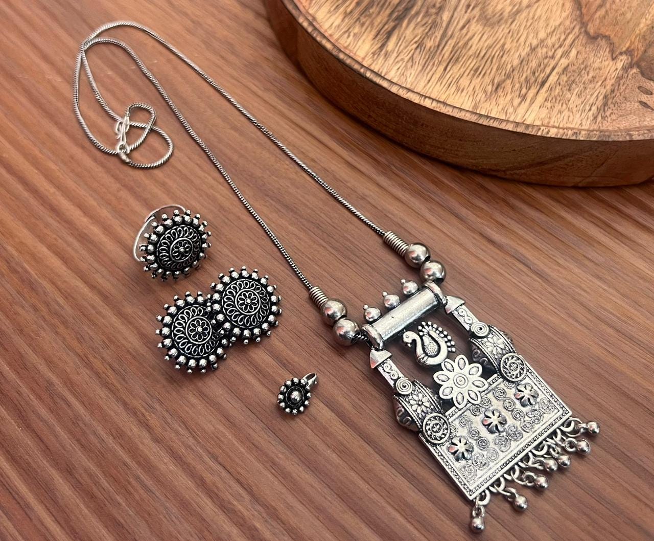 Oxidized Silver Tribal Jewelry Set | Handmade Boho Necklace