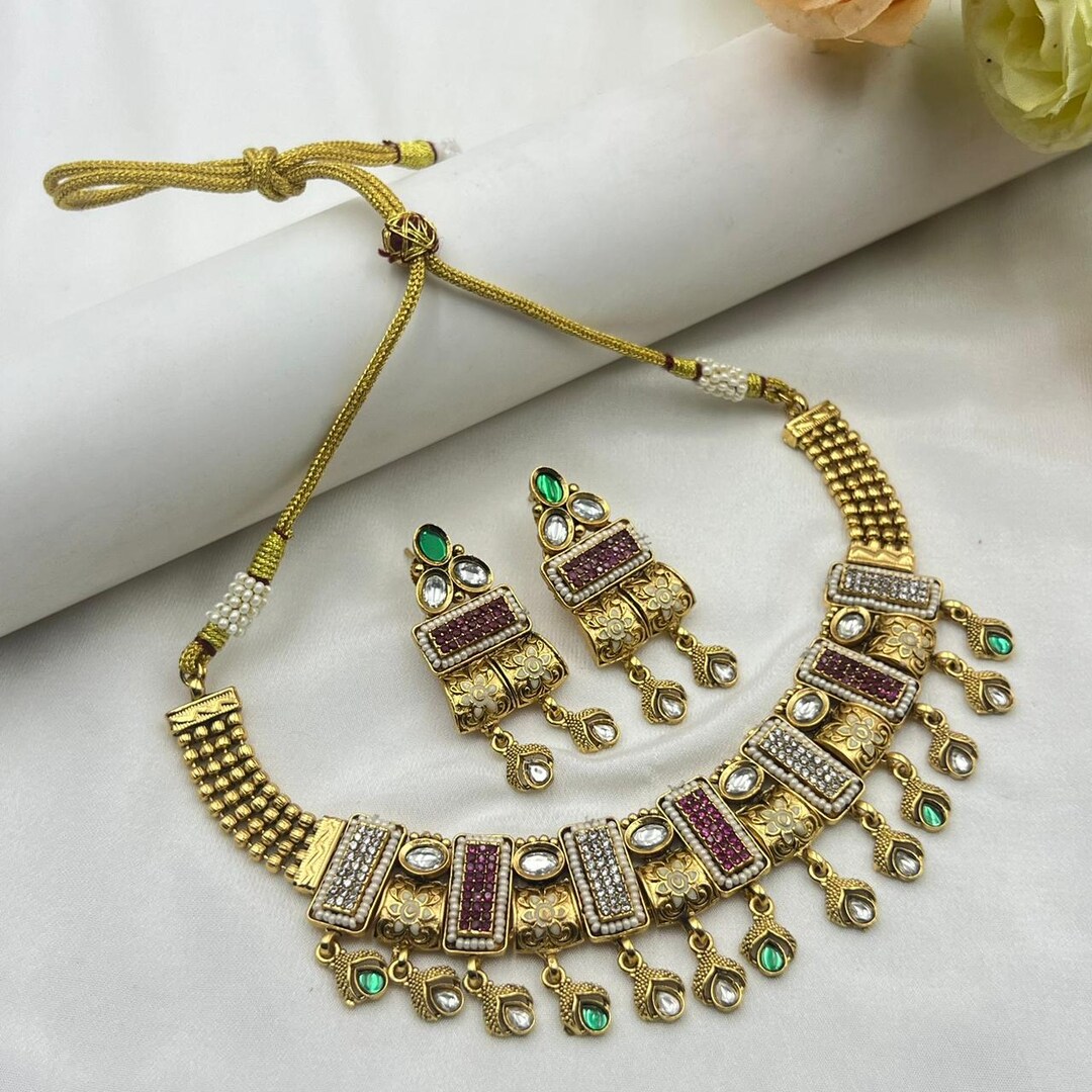 Antique Gold Kundan Choker Necklace Set Ruby Green White Stones 