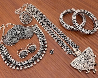 Oxidized Silver Jewelry Set | Boho Floral Tribal Necklace Earrings
