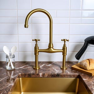 Handcrafted Unlacquered Brass Faucet | Bridge Design for Kitchen Sink | Antique Farmhouse Tap