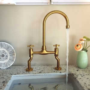 Bridge Kitchen Faucet in Unlacquered Brass | Natural Patina Over Time | Dual Handle Traditional Mixer