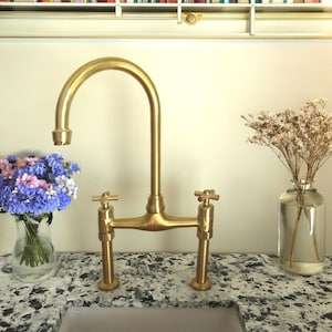Unlacquered Brass Bridge Kitchen Tap | Traditional Design with Patina Aging | Dual Handle Sink Mixer