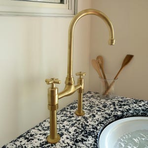 Unlacquered Brass Bridge Kitchen Tap | Traditional Design with Patina Aging | Dual Handle Sink Mixer