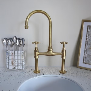 Handcrafted Unlacquered Brass Faucet | Bridge Design for Kitchen Sink | Antique Farmhouse Tap
