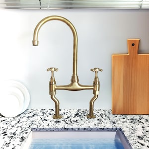 Unlacquered Brass Bridge Kitchen Tap | Traditional Design with Patina Aging | Dual Handle Sink Mixer